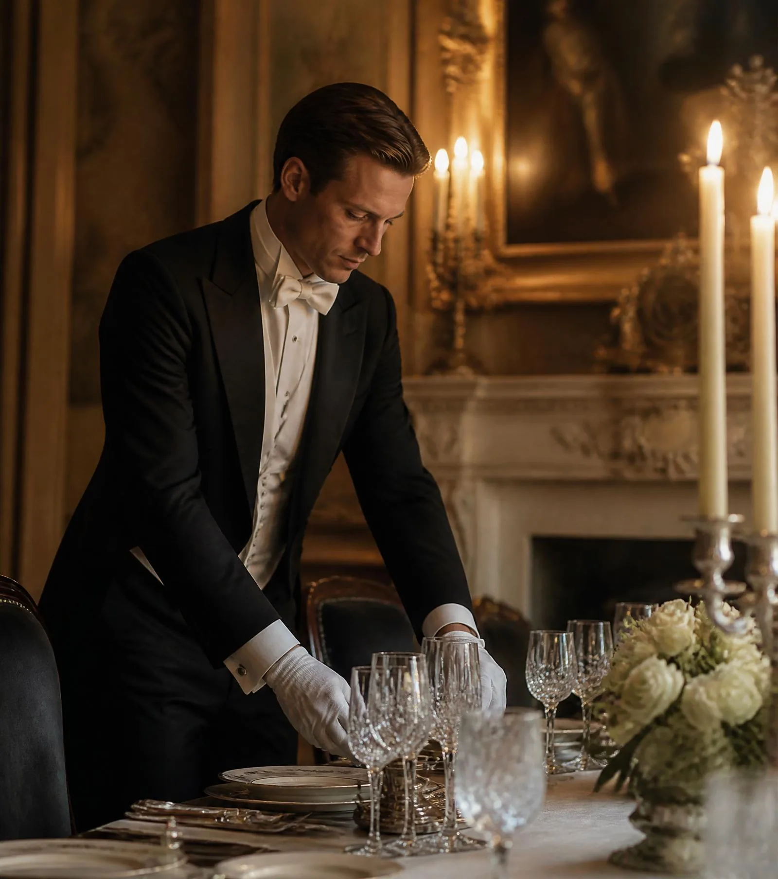 Butler in formal tailcoat setting a candlelit table in a grand dining room
